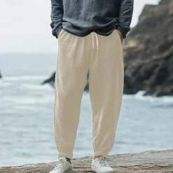 Men's Linen Pants Trousers Summer Pants Elastic Waist Straight Leg High Rise Solid Color Comfort Breathable Full Length Wedding Holiday Vacation Fashion Black White High Waist Inelastic