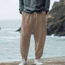 Men's Linen Pants Trousers Summer Pants Elastic Waist Straight Leg High Rise Solid Color Comfort Breathable Full Length Wedding Holiday Vacation Fashion Black White High Waist Inelastic