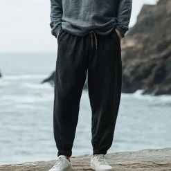 Men's Linen Pants Trousers Summer Pants Elastic Waist Straight Leg High Rise Solid Color Comfort Breathable Full Length Wedding Holiday Vacation Fashion Black White High Waist Inelastic