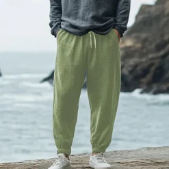 Men's Linen Pants Trousers Summer Pants Elastic Waist Straight Leg High Rise Solid Color Comfort Breathable Full Length Wedding Holiday Vacation Fashion Black White High Waist Inelastic