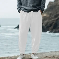 Men's Linen Pants Trousers Summer Pants Elastic Waist Straight Leg High Rise Solid Color Comfort Breathable Full Length Wedding Holiday Vacation Fashion Black White High Waist Inelastic