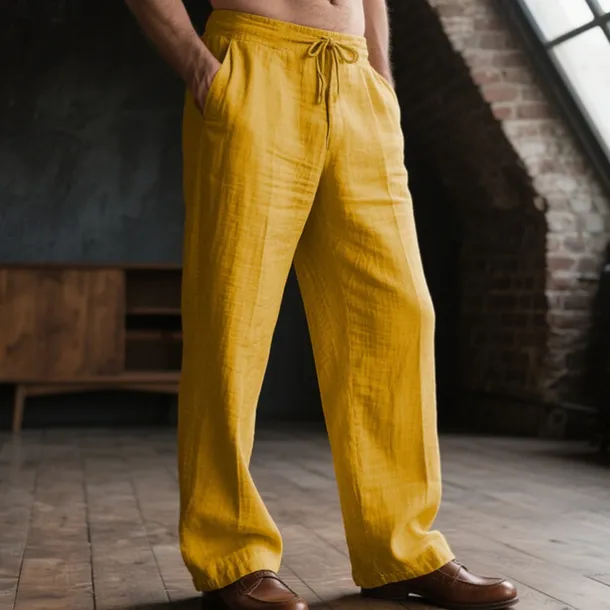 Men's Linen Pants Trousers Drawstring Pocket Elastic Waist Plain Comfort Breathable Daily Basic Black White
