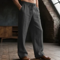 Men's Linen Pants Trousers Drawstring Pocket Elastic Waist Plain Comfort Breathable Daily Basic Black White