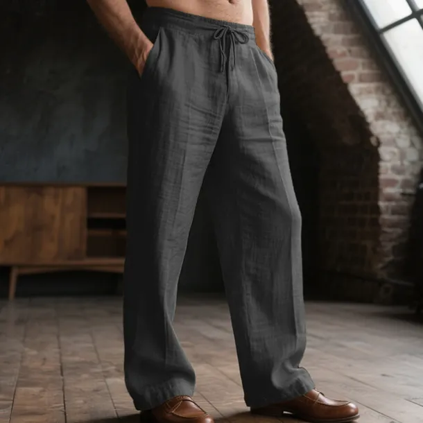 Men's Linen Pants Trousers Drawstring Pocket Elastic Waist Plain Comfort Breathable Daily Basic Black White