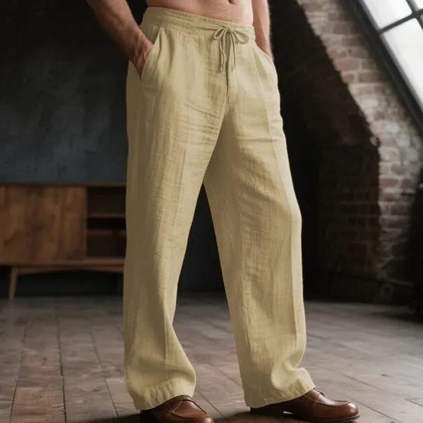 Men's Linen Pants Trousers Drawstring Pocket Elastic Waist Plain Comfort Breathable Daily Basic Black White