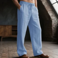 Men's Linen Pants Trousers Drawstring Pocket Elastic Waist Plain Comfort Breathable Daily Basic Black White