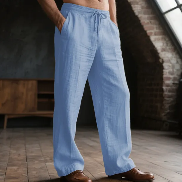 Men's Linen Pants Trousers Drawstring Pocket Elastic Waist Plain Comfort Breathable Daily Basic Black White
