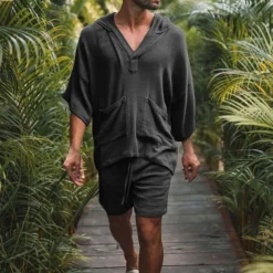 Men's Linen Set T-shirt Suits 2 Pieces Outfits Short Sleeve Hooded Summer Plain Fashion Casual 2 Piece Front Pocket Vacation Daily Wear Going out Light Pink Black White Top Tee for Men