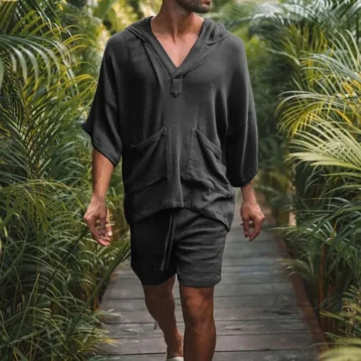 Men's Linen Set T-shirt Suits 2 Pieces Outfits Short Sleeve Hooded Summer Plain Fashion Casual 2 Piece Front Pocket Vacation Daily Wear Going out Light Pink Black White Top Tee for Men