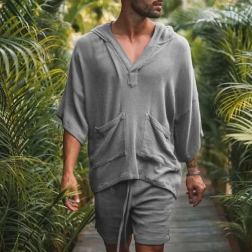 Men's Linen Set T-shirt Suits 2 Pieces Outfits Short Sleeve Hooded Summer Plain Fashion Casual 2 Piece Front Pocket Vacation Daily Wear Going out Light Pink Black White Top Tee for Men