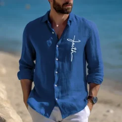 Men's Linen Shirt 55% Linen Print Shirt White Blue Long Sleeve Faith Lapel Spring & Fall Outdoor Daily Clothing Apparel