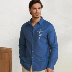 Men's Linen Shirt 55% Linen Print Shirt White Blue Long Sleeve Faith Lapel Spring & Fall Outdoor Daily Clothing Apparel
