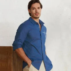 Men's Linen Shirt 55% Linen Print Shirt White Blue Long Sleeve Faith Lapel Spring & Fall Outdoor Daily Clothing Apparel