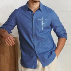 Men's Linen Shirt 55% Linen Print Shirt White Blue Long Sleeve Faith Lapel Spring & Fall Outdoor Daily Clothing Apparel