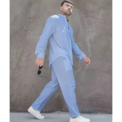 Men's Linen Shirt 2 Piece Shirt Set Summer Shirt Matching Sets Beach Shirt Plain Vacation Casual Black White Blue Khaki Long Sleeve Band Collar Spring & Summer Clothing Apparel