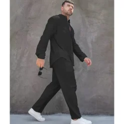 Men's Linen Shirt 2 Piece Shirt Set Summer Shirt Matching Sets Beach Shirt Plain Vacation Casual Black White Blue Khaki Long Sleeve Band Collar Spring & Summer Clothing Apparel