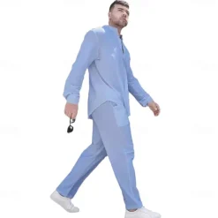 Men's Linen Shirt 2 Piece Shirt Set Summer Shirt Matching Sets Beach Shirt Plain Vacation Casual Black White Blue Khaki Long Sleeve Band Collar Spring & Summer Clothing Apparel