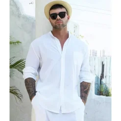Men's Linen Shirt 2 Piece Shirt Set Summer Shirt Matching Sets Beach Shirt Plain Vacation Casual Black White Blue Khaki Long Sleeve Band Collar Spring & Summer Clothing Apparel