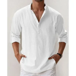 Men's Linen Shirt Band Collar Shirt Popover Shirt Summer Shirt Beach Wear Casual Shirt Plain Hawaiian Holiday Black White Pink Blue Long Sleeve Henley Spring & Summer Clothing Apparel