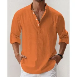 Men's Linen Shirt Band Collar Shirt Popover Shirt Summer Shirt Beach Wear Casual Shirt Plain Hawaiian Holiday Black White Pink Blue Long Sleeve Henley Spring & Summer Clothing Apparel