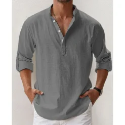 Men's Linen Shirt Band Collar Shirt Popover Shirt Summer Shirt Beach Wear Casual Shirt Plain Hawaiian Holiday Black White Pink Blue Long Sleeve Henley Spring & Summer Clothing Apparel