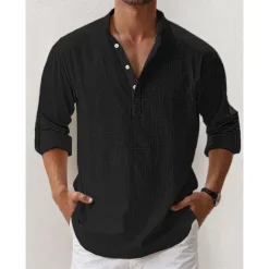 Men's Linen Shirt Band Collar Shirt Popover Shirt Summer Shirt Beach Wear Casual Shirt Plain Hawaiian Holiday Black White Pink Blue Long Sleeve Henley Spring & Summer Clothing Apparel