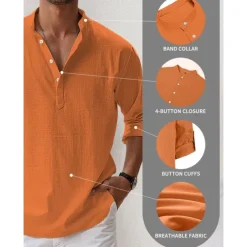 Men's Linen Shirt Band Collar Shirt Popover Shirt Summer Shirt Beach Wear Casual Shirt Plain Hawaiian Holiday Black White Pink Blue Long Sleeve Henley Spring & Summer Clothing Apparel