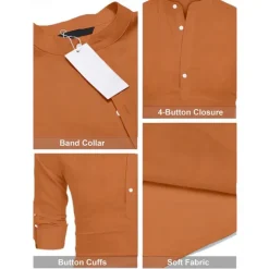 Men's Linen Shirt Band Collar Shirt Popover Shirt Summer Shirt Beach Wear Casual Shirt Plain Hawaiian Holiday Black White Pink Blue Long Sleeve Henley Spring & Summer Clothing Apparel