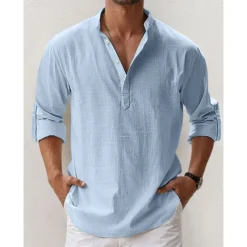 Men's Linen Shirt Band Collar Shirt Popover Shirt Summer Shirt Beach Wear Casual Shirt Plain Hawaiian Holiday Black White Pink Blue Long Sleeve Henley Spring & Summer Clothing Apparel