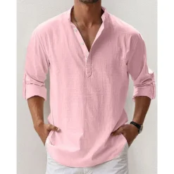 Men's Linen Shirt Band Collar Shirt Popover Shirt Summer Shirt Beach Wear Casual Shirt Plain Hawaiian Holiday Black White Pink Blue Long Sleeve Henley Spring & Summer Clothing Apparel