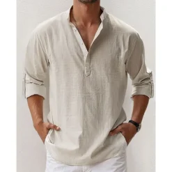 Men's Linen Shirt Band Collar Shirt Popover Shirt Summer Shirt Beach Wear Casual Shirt Plain Hawaiian Holiday Black White Pink Blue Long Sleeve Henley Spring & Summer Clothing Apparel