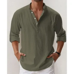 Men's Linen Shirt Band Collar Shirt Popover Shirt Summer Shirt Beach Wear Casual Shirt Plain Hawaiian Holiday Black White Pink Blue Long Sleeve Henley Spring & Summer Clothing Apparel