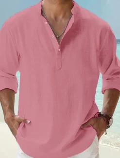 Men's Linen Shirt Band Collar Shirt Popover Shirt Casual Shirt Beach Shirt Plain Hawaiian Holiday Black White Pink Blue Long Sleeve Henley Spring & Summer Clothing Apparel