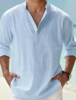 Men's Linen Shirt Band Collar Shirt Popover Shirt Casual Shirt Beach Shirt Plain Hawaiian Holiday Black White Pink Blue Long Sleeve Henley Spring & Summer Clothing Apparel