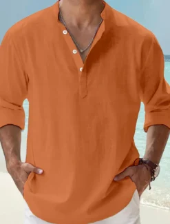 Men's Linen Shirt Band Collar Shirt Popover Shirt Casual Shirt Beach Shirt Plain Hawaiian Holiday Black White Pink Blue Long Sleeve Henley Spring & Summer Clothing Apparel