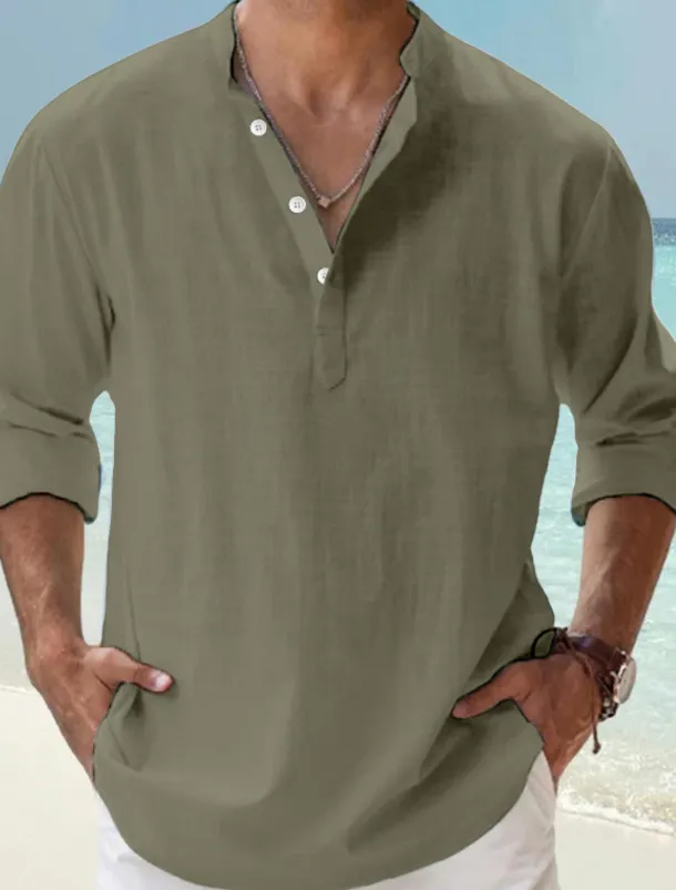 Men's Linen Shirt Band Collar Shirt Popover Shirt Casual Shirt Beach Shirt Plain Hawaiian Holiday Black White Pink Blue Long Sleeve Henley Spring & Summer Clothing Apparel