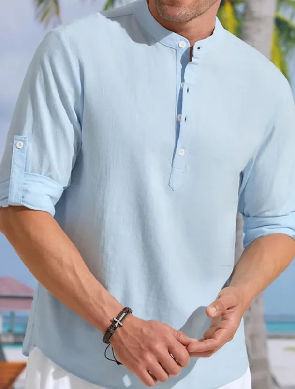 Men's Linen Shirt Band Collar Shirt Popover Shirt Casual Shirt Beach Shirt Plain Hawaiian Holiday Black White Pink Blue Long Sleeve Henley Spring & Summer Clothing Apparel