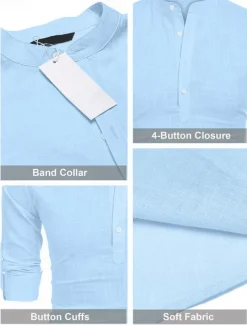 Men's Linen Shirt Band Collar Shirt Popover Shirt Casual Shirt Beach Shirt Plain Hawaiian Holiday Black White Pink Blue Long Sleeve Henley Spring & Summer Clothing Apparel