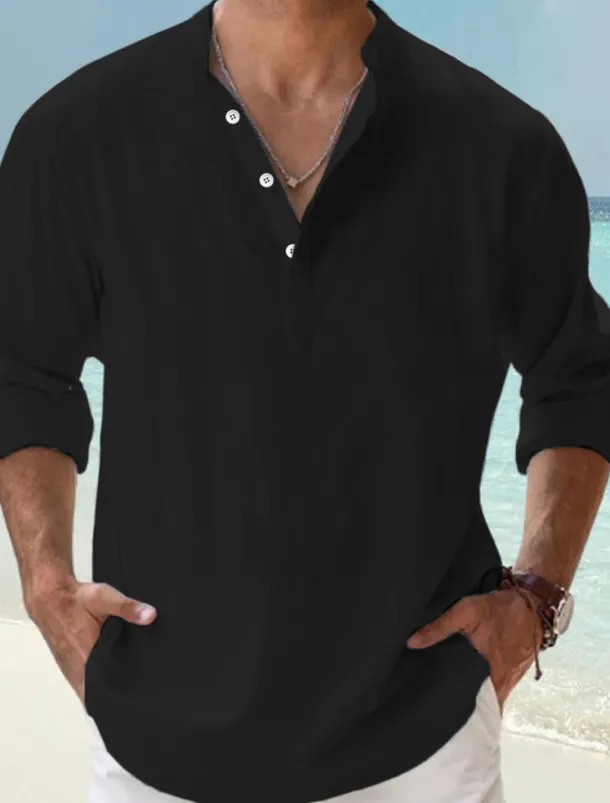 Men's Linen Shirt Band Collar Shirt Popover Shirt Casual Shirt Beach Shirt Plain Hawaiian Holiday Black White Pink Blue Long Sleeve Henley Spring & Summer Clothing Apparel