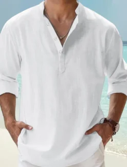 Men's Linen Shirt Band Collar Shirt Popover Shirt Casual Shirt Beach Shirt Plain Hawaiian Holiday Black White Pink Blue Long Sleeve Henley Spring & Summer Clothing Apparel