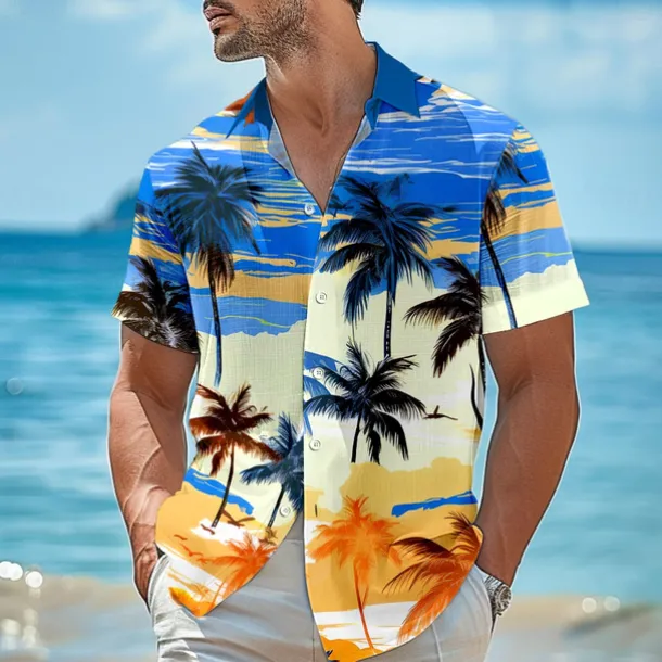 Men's Linen Shirt Beach Shirt Summer Hawaiian Shirt Coconut Tree Performance Vacation Navy Blue Sky Blue Short Sleeve Turndown Summer Spring Clothing Apparel