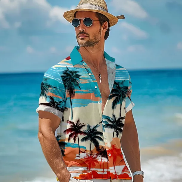 Men's Linen Shirt Beach Shirt Summer Hawaiian Shirt Coconut Tree Performance Vacation Navy Blue Sky Blue Short Sleeve Turndown Summer Spring Clothing Apparel