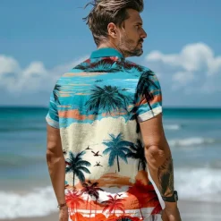 Men's Linen Shirt Beach Shirt Summer Hawaiian Shirt Coconut Tree Performance Vacation Navy Blue Sky Blue Short Sleeve Turndown Summer Spring Clothing Apparel