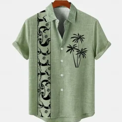 Men's Linen Shirt Beach Shirt Summer Hawaiian Shirt Coconut Tree Outdoor Vacation Blue Brown Green Short Sleeve Stand Collar Summer Spring Clothing Apparel Print