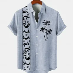 Men's Linen Shirt Beach Shirt Summer Hawaiian Shirt Coconut Tree Outdoor Vacation Blue Brown Green Short Sleeve Stand Collar Summer Spring Clothing Apparel Print