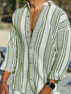 Men's Linen Shirt Button Up Shirt Casual Shirt Summer Shirt Beach Shirt Pink Blue Dark Green Long Sleeve Striped Turndown Spring & Summer Outdoor Holiday Clothing Apparel Print