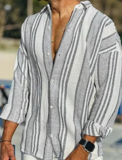 Men's Linen Shirt Button Up Shirt Casual Shirt Summer Shirt Beach Shirt Pink Blue Dark Green Long Sleeve Striped Turndown Spring & Summer Outdoor Holiday Clothing Apparel Print