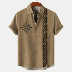 Men's Linen Shirt Button Up Shirt Retro Shirts Vintage Shirt Ethnic Shirt Vacation Daily Wear Yellow Green khaki Beige Short Sleeve Collared Shirts Summer Spring Clothing Apparel