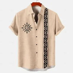 Men's Linen Shirt Button Up Shirt Retro Shirts Vintage Shirt Ethnic Shirt Vacation Daily Wear Yellow Green khaki Beige Short Sleeve Collared Shirts Summer Spring Clothing Apparel