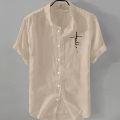 Men's Linen Shirt Casual Shirt Cotton Linen Shirt Button Up Shirt Pattern Vacation Street Black White Pink Dark Navy Short Sleeve Lapel Summer Clothing Apparel Button-Down